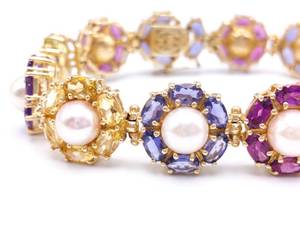 Brilliant Ladies Pearl, Tanzanite, Amethyst, Peridot, and Citrine Estate Bracelet in 14k Yellow Gold 33.8 Grams $7200