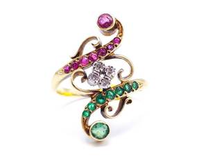 Antique Natural Ruby, Emerald, and Diamond Ladies Estate Ring in 18k Yellow Gold $7400