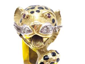 Cartier  David Webb Style Designer Cheetah Estate Ring in 18k Gold with Diamonds, Rubies, Enamel