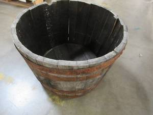 lot 254 image: Planter - Half Barrel Appearance - Rings and Wood Are Loose and Will Need To Be Fixed.