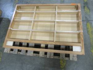 lot 298 image: Oak Finish Wall Display Cabinet, 9 Adjustable Shelves, Full-Length Shelf, Missing Doors.