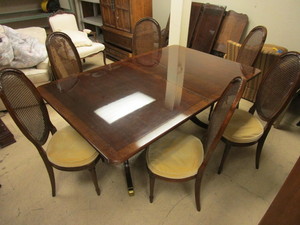 DINING ROOM TABLE, WITH SIX CHAIRS, TWO LEAVES, PADDED TABLETOP COVER