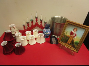 LAMPSHADES, HOLIDAY CANDLE HOLDERS, GEM, TABLE EASEL, WASTE BASKET, PAINTING