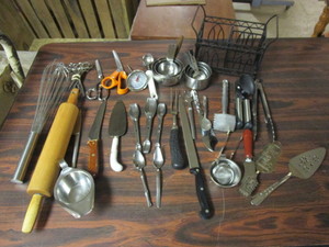 KITCHENWARE, KNIVES, MEASURING CUPS, TONGS, WHISK, MEAT THERMOMETER, SCISSORS,  MORE