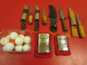 VINTAGE KNIVES WITH CASES, ORBEX JON-E HAND WARMERS, GOLF BALLS