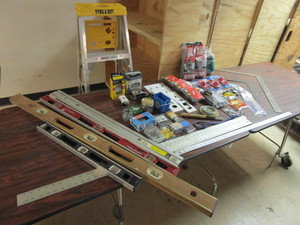 KELLER 4-FT STEP LADDER, LEVELS, FRAMING SQUARES, ELECTRICAL SUPPLIES, STEEL WOOL, MORE