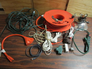 EXTENSION CORD WHEEL, ASSORTED EXTENSION CORDS, MORE