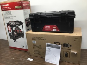 lot 18 image: Mixed Lot Of 3 Husky 29 in. H x 28 in. W x 12 in. D Steel Garage Wall Cabinet Husky 2-Tier Plastic 4-Wheeled Service Cart in BlackHuskt 2-Tier Plastic 4-Wheeled Service Cart in Black