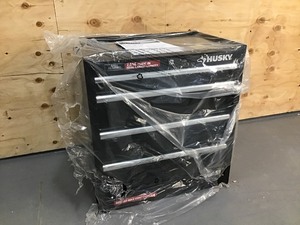 lot 43 image: Husky 26 in. W 4-Drawer Rolling Cabinet Tool Chest in Gloss Black. Includes Casters And Handle