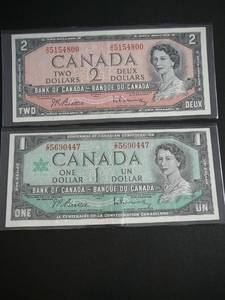 lot 59 image: $2 Canadian Bill 1954 Ottawa & $1 Canadian Bill 1967 Ottawa
