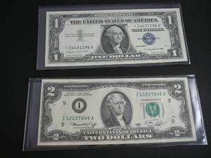 lot 63 image: $2 Federal Reserve Note Green Seal 1976 Series I12227645A & One Dollar In Silver Bill Blue Seal 1957A Series 24431296A