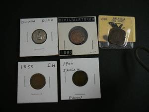 lot 126 image: 1900 & 1880 Indian Penny, 1863 Civil War Token On Front Indian Head Army & Navey On Back, 1920 Malaysia One Cent, & 1980 Budda Dime