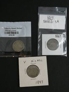lot 127 image: 1905 Liberty Head V Nickle, 1897 V Nickle, & 1867 Shield Nickle