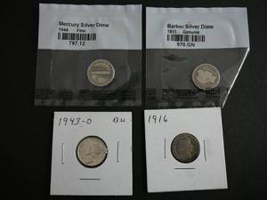lot 128 image: 1911 & 1916 Barber Silver Dime & 1943d & 1944 Mercury Dime