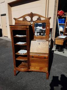 lot 2 image: Antique Drop Front Secretary Writing Desk, Pigeon Hole Inside, 1-Drawer, Lower Storage, Curved Side Door (No Glass)