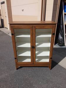 lot 12 image: Vintage 2-Door Cabinet With 3 Shelves. Has Glass Doors 38x14x48