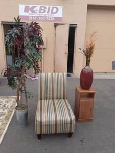 lot 16 image: Armless Side Chair, Small Cabinet, 13x13x27, Tree &  Large Pottery (Marked $100.00 Pier 1)
