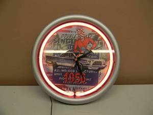lot 10 image: 1956 NOSTALGIA - PINK NEON GIRL  CAR  ADVERTISING WALL CLOCK, STERLING NOBLE - WORKS - SEE PICTURES