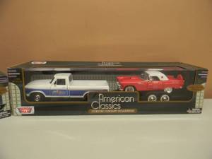 lot 34 image: MOTOR MAX AMERICAN CLASSICS FORD F-150 CUSTOM PICKUP WITH 56 FORD THUNDERBIRD & TRAILER 124 SCALE & 1969 FORD F-100 -  ALL NEW IN BOX - SEE PICTURES