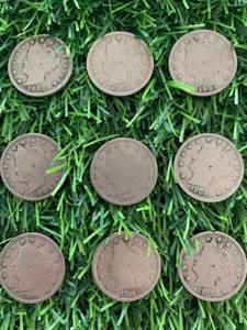 Lot of 9 Liberty V Nickels (all different dates 1902-1912)
