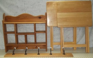 lot 132 image: Wall Shelf, Coat Hooks, and TV trays