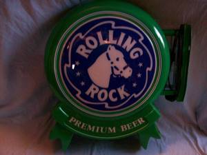 Rolling Rock Wall Mounted Lighted working sign. Approx. 26 x 28. As shown.