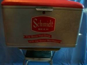 Schmidt Beer Cooler. Approx. 22 x 13 x 13. Very nice condition but has a small tear in top that has been fixed. As shown.