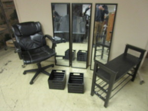 WOOD BENCH, OFFICE CHAIR, MIRRORS, WOOD STORAGE CASES