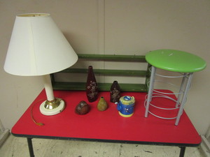 LAMP, STOOL, WOOD RACK, TABLE DECOR