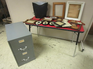 FILE CABINET, PAPER SHREDDER, PICTURE FRAMES