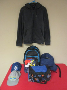 ZERO EXPOSURE SWEATSHIRT, TIMBERWOLVES HAT, BACKPACKS, POKEMAN BAG, TABLE SOCCER GAME