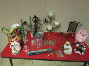 ASSORTED HOUSEWARES, CANDLE HOLDERS, TABLE STATUES, PIGGY BANK, VASE, BUDWEISER MUG, MORE