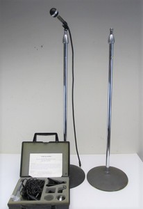 lot 12 image: Vintage Realistic Microphone Set w 2 Atlas Sound Mic Stands