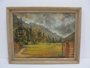 lot 72 image: Signed Vintage Oil on Board Cabins in The Mountains Painting