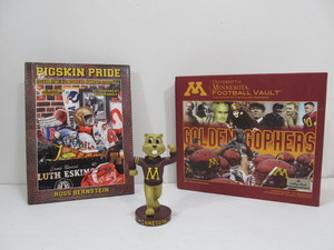 lot 104 image: 2 MN Gophers Coffee Table Books & Goldy The Gopher Bobblehead