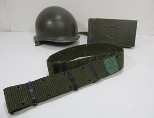 lot 109 image: Vintage Metal Military Helmet Belt & Steel Box