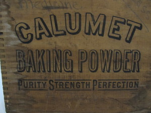 lot 232 image: Antique Calumet Baking Powder Dovetailed Wood Advertising Crate