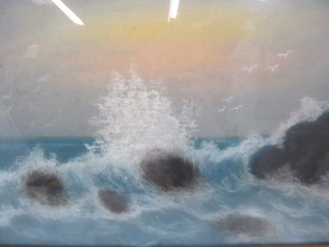 lot 246 image: Framed Antique Waves Crashing on Rocky Shoreline Original PastelChalk Painting 