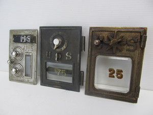 lot 253 image: 3 Antique US Mail Box Doors wCombinations