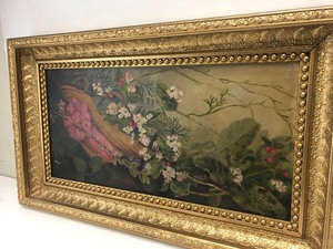 lot 9 image: Antique 19th Century Oil on Canvas Botanical Floral Painting in Fantastic Gilt Wood Frame