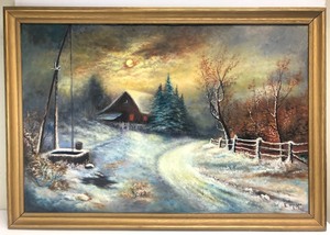 lot 116 image: Excellent Large Vintage 1950s-60s Country Cabin Winter Scene Oil on Canvas Painting - Signed E. McKee