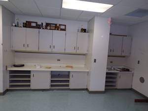 lot 32 image: Wall of Cabinets and countertop with shelves