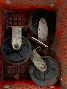 lot 24 image: Lot of 3 Casters plue Original Cass Clay Milk Crate