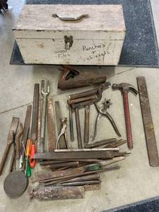 lot 50 image: Toolbox with Vintage Wood Plane, Chisels, Punches