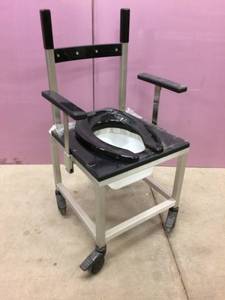lot 26 image: WOW MSRP $1800 NEW Stainless steel&nbspFrame&nbspBedside Shower Chair Commode With Dropping Arms 1000lb Capacity Wheelchair - Can also be wheeled in over your current toilet for ease of patient transfer and privacy 