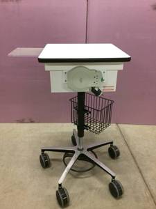 lot 38 image: WOW $$$$ CompuCaddy FR Series Mobile Industrial Medical Computer Laptop Cart With Drawer, Slide Out Side Board, Acrylic Board & Power Supply - Excellent Condition  Height Adjustable Too Fits Into Smaller Footprint Area 