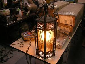 lot 112 image: Vintage Wrought Iron - Stained Glass Hanging Lamp