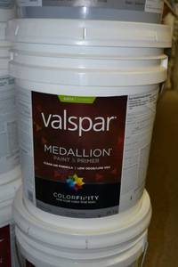lot 1304 image: 5 Gallon Valspar Medallion Paint & Primer  Satin Exterior  4102 Tint Base, Must Be Tinted