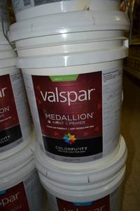 lot 1305 image: 5 Gallon Valspar Medallion Paint & Primer  Satin Exterior  4108 Pastel Base, Must Be Tinted