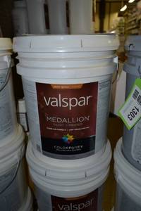 lot 1307 image: 5 Gallon Valspar Medallion Paint & Primer  Semi-Gloss Exterior  4302 Tint Base, Must Be Tinted